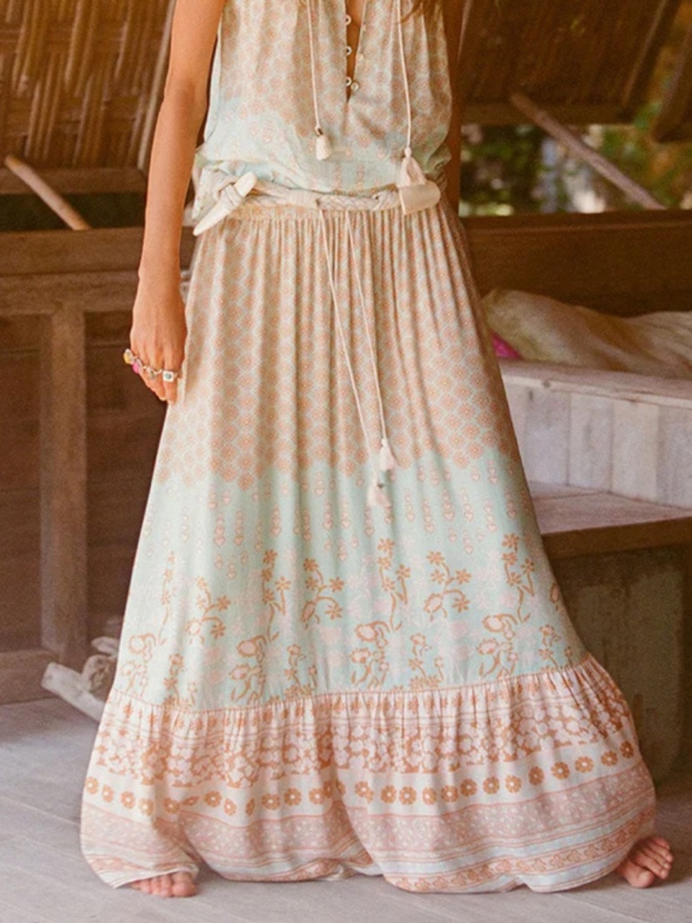 NWT Spell Mint & Tan Printed Maxi Skirt